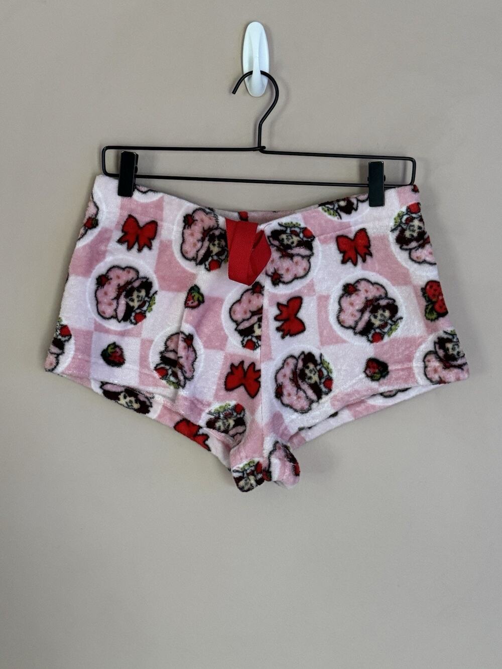 Strawberry Shortcake Plush Sleep Shorts Large Red White Tie Casual Lounge